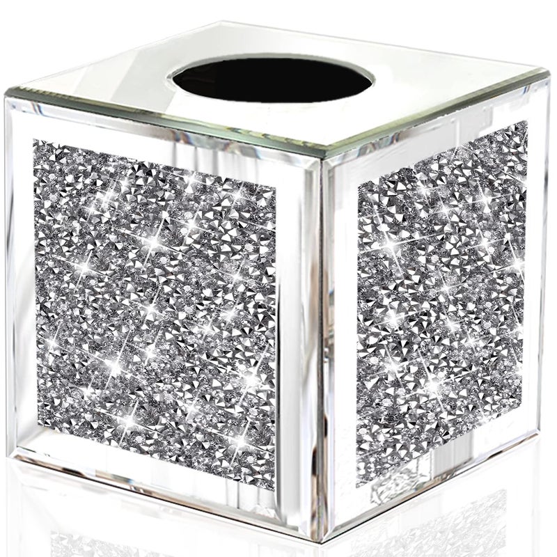 Wocred Square Mirrored Tissue Box CoverCrystal Crushed Diamond Tissue BoxSilver Luxury Tissue Holders for Either Tissues in a Bathroom or Napkins on a Table55x55x55