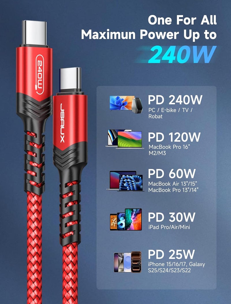 jsaux 240W USB C to USB C Cable 3M, USB C Cord Type C Fast Charger Cable Compatible with MacBook Pro Air, iPad, Dell XPS, iPhone 16/16 Pro Max/15/15 Pro Max, Samsung Galaxy, Pixel - Red - Image 5