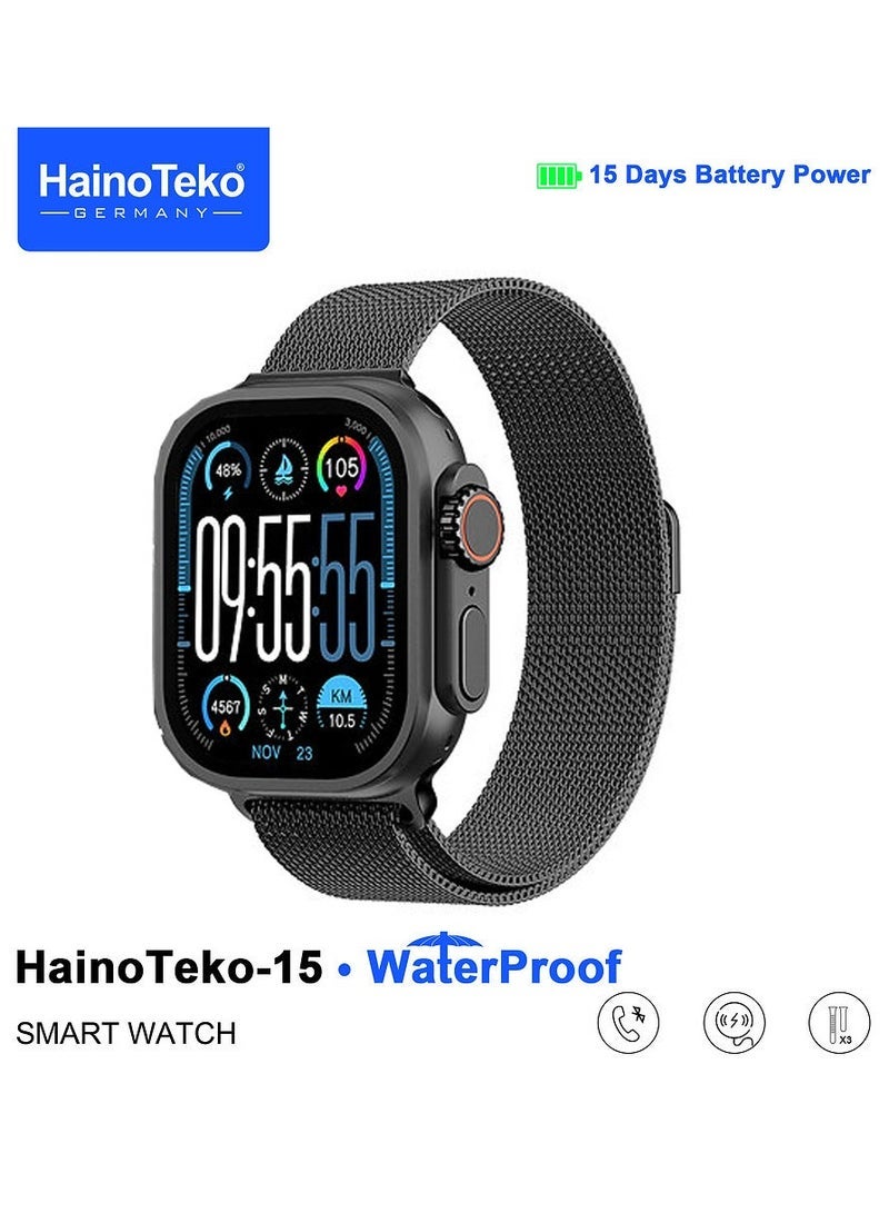 Haino Teko HainoTeko-15 Waterproof Smart Watch With Full Screen AMOLED Display 3 Pairs of Straps and Charging Cable Designed for Ladies and Gaents Black - Image 2