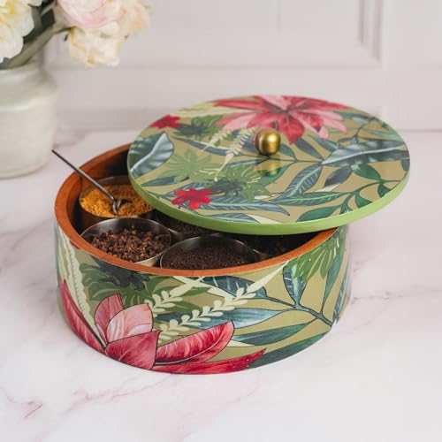 nestroots Wooden Masala Box for Kitchen | 9-Inch Spice Organizer with 7 Stainless Steel Jars | Anjarai Petti, Masala Dani Box, Cereal, Dry Fruits | Durable & Stylish Container | Green - Image 1