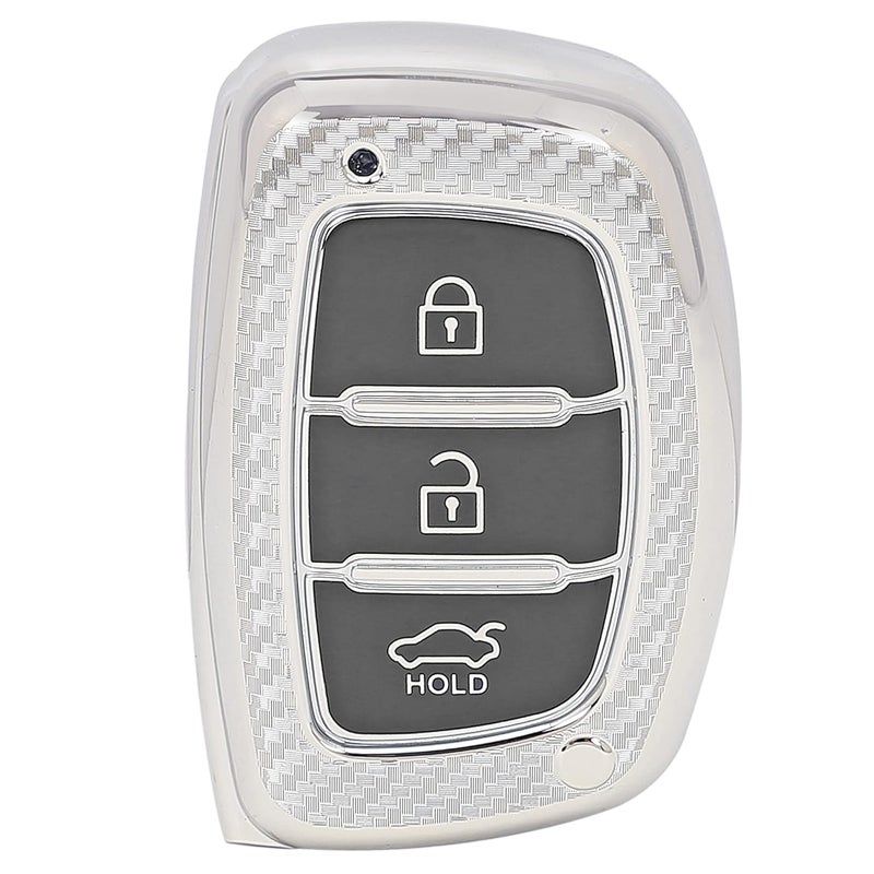 JVCV غطاء مفتاح السيارة من JVCV® بتصميم ألياف الكربون الناعمة TPU متوافق مع هيونداي كريتا، i10 غراند، i20 إليت، i20 أكتيف، Xcent، فيرنا 4s، توسان، إيلانtra، غراند i10 نيوس 3 زر مفتاح ذكي (فضي) - Image 3