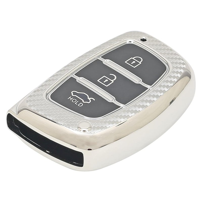 JVCV غطاء مفتاح السيارة من JVCV® بتصميم ألياف الكربون الناعمة TPU متوافق مع هيونداي كريتا، i10 غراند، i20 إليت، i20 أكتيف، Xcent، فيرنا 4s، توسان، إيلانtra، غراند i10 نيوس 3 زر مفتاح ذكي (فضي) - Image 5
