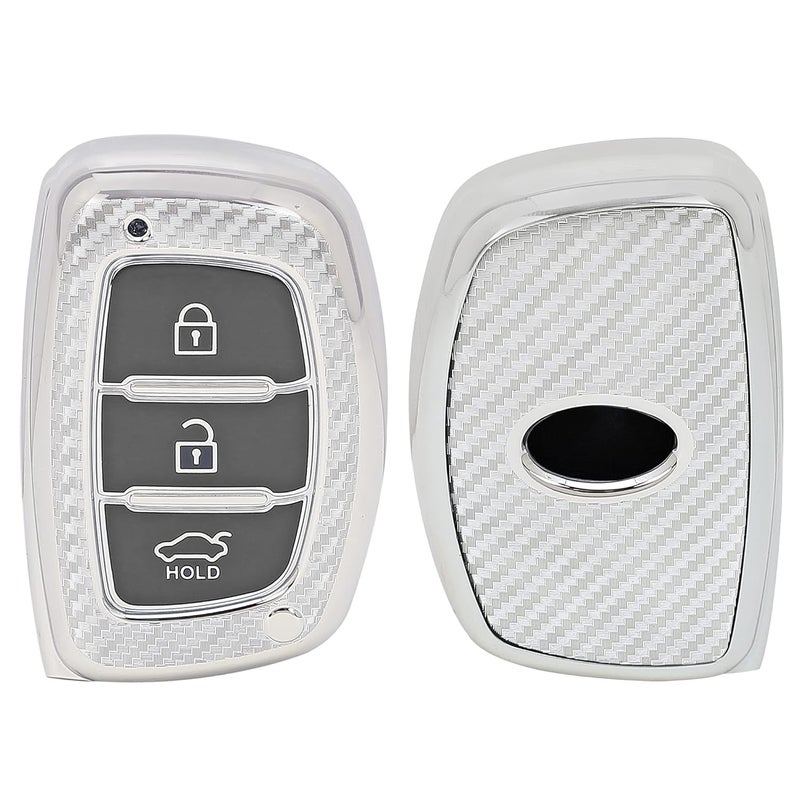 JVCV غطاء مفتاح السيارة من JVCV® بتصميم ألياف الكربون الناعمة TPU متوافق مع هيونداي كريتا، i10 غراند، i20 إليت، i20 أكتيف، Xcent، فيرنا 4s، توسان، إيلانtra، غراند i10 نيوس 3 زر مفتاح ذكي (فضي) - Image 1
