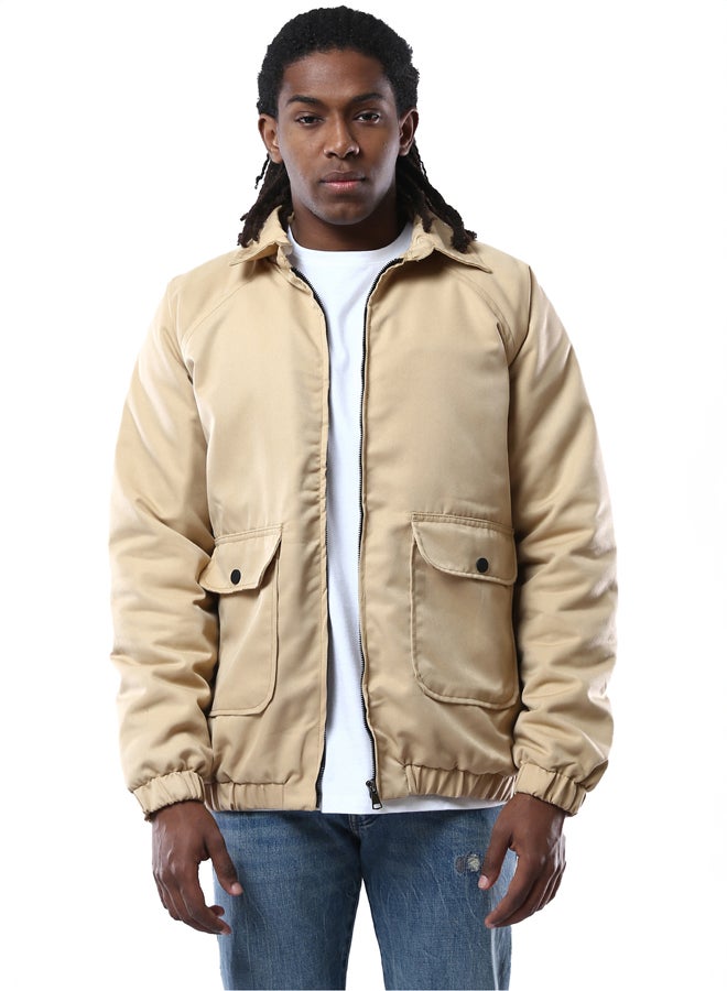 RAVIN Turn Down Collar Zipped Solid Sand Jacket - Image 1
