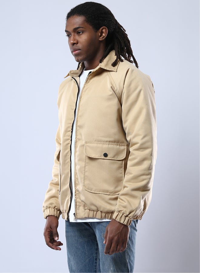 RAVIN Turn Down Collar Zipped Solid Sand Jacket - Image 2