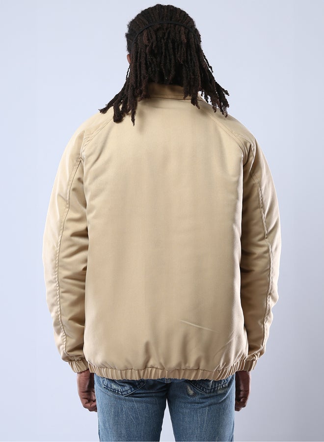 RAVIN Turn Down Collar Zipped Solid Sand Jacket - Image 3
