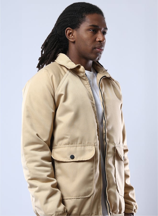 RAVIN Turn Down Collar Zipped Solid Sand Jacket - Image 4