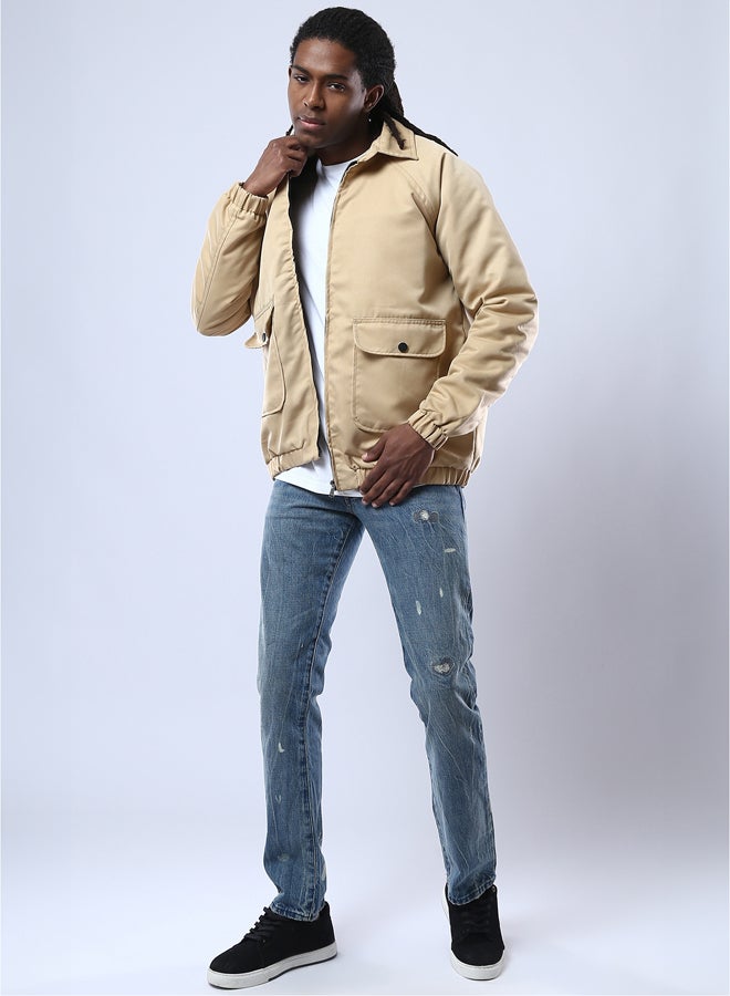 RAVIN Turn Down Collar Zipped Solid Sand Jacket - Image 5