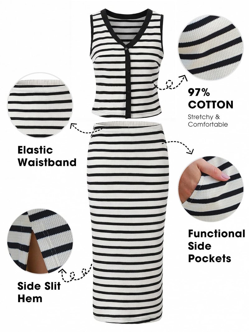 EXLURA Women's Cotton 2 Piece Skirt Set V Neck Faux Button Tank Tops Matching High Waist Midi Skirt Pockets Vacation Outfits - Image 5