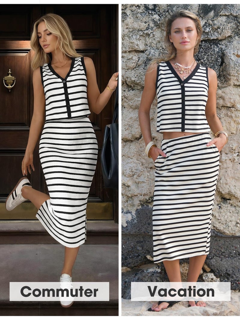 EXLURA Women's Cotton 2 Piece Skirt Set V Neck Faux Button Tank Tops Matching High Waist Midi Skirt Pockets Vacation Outfits - Image 2