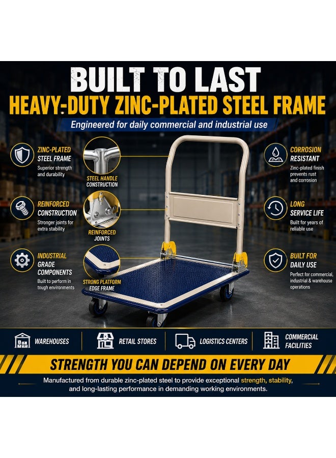 Prestar Heavy Duty Platform Trolley, Metal Warehouse Cart with Zinc-Plated Steel Frame, 100mm Castor Wheels, Non-Slip Platform, Commercial Transport Trolley NB-101 - Image 3