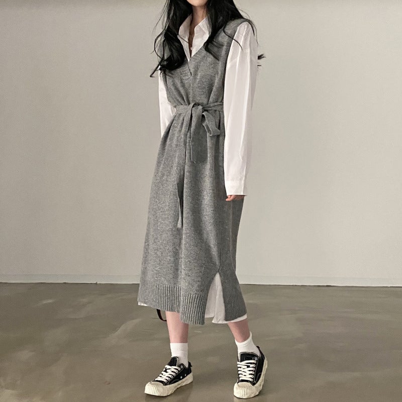 2J11D in stock Korean fashion knitted vest dress long shirt Shirt dress - Image 3