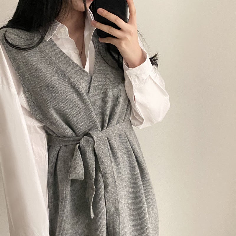 2J11D in stock Korean fashion knitted vest dress long shirt Shirt dress - Image 2
