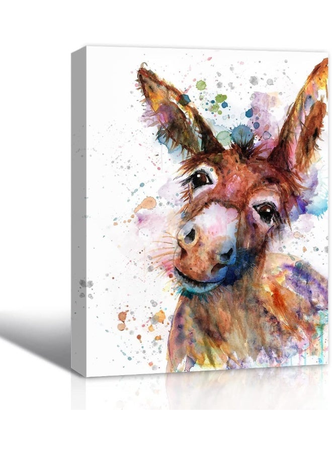 C8BUSIS Watercolor Donkey Wall Art Décor for Farmhouse, Animals Portrait Splatter and Splotches Modern Colorful Canvas Prints Paintings for Bathroom Living room Kids Room Home Decoration, 12"x16" - Image 1