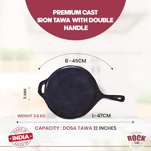 Rock Tawa Cast Iron Dosa Tawa 12 Inch with Handle Pre-Seasoned Cast Iron Skillet (Black) - Image 3