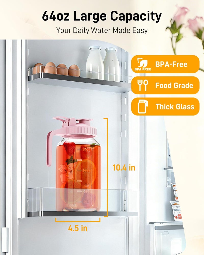 OneDream 64 oz Glass Pitcher with Lid, Large Wide Mouth Mason Jar with Pour Spout, Pink Sun Tea Jar for Outside, Glass Water Pitcher Great for Drink, Cold Beverages and Breast Milk - Image 2