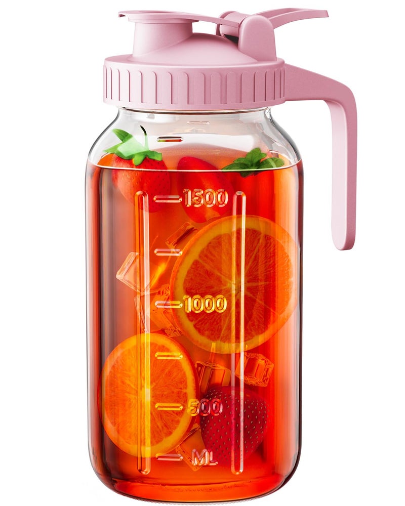 OneDream 64 oz Glass Pitcher with Lid, Large Wide Mouth Mason Jar with Pour Spout, Pink Sun Tea Jar for Outside, Glass Water Pitcher Great for Drink, Cold Beverages and Breast Milk - Image 1
