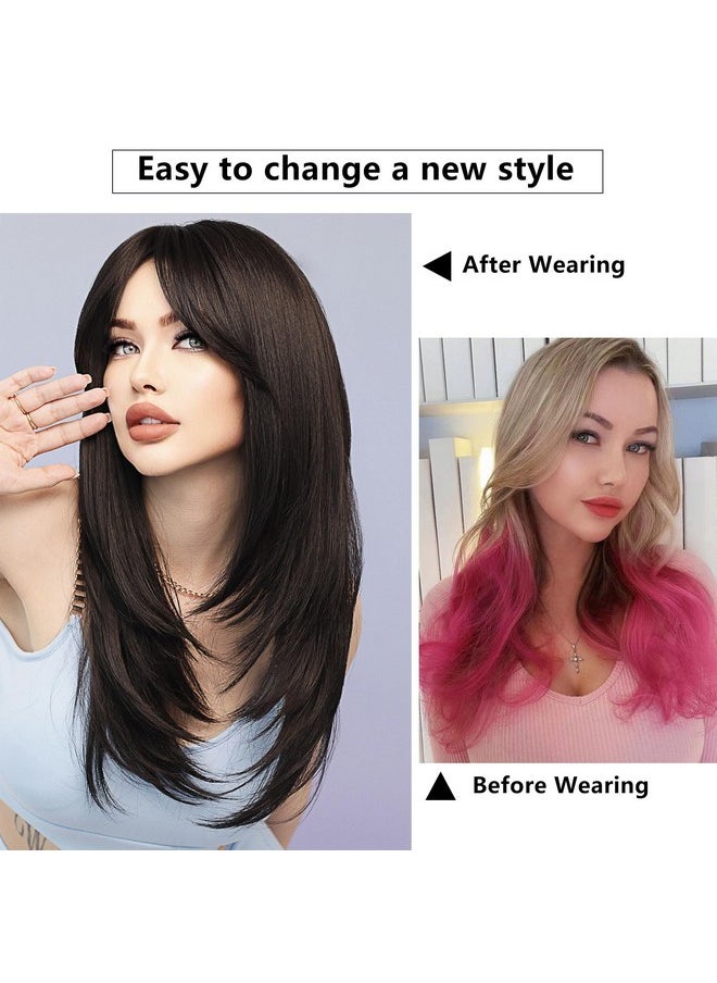 7JHH WIGS 7JHH WIGS Long Natural Black Wig with Bangs Straight Wigs for Women,Heat Resistant Layered Synthetic Wigs for Daily Use  - Image 3