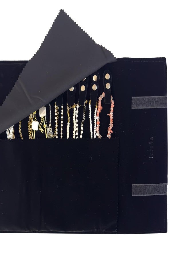 UnionPlus Velvet Travel Jewelry Roll Bag Organizer for Necklace, Elastic Band and Anti-winding, Black - Image 5