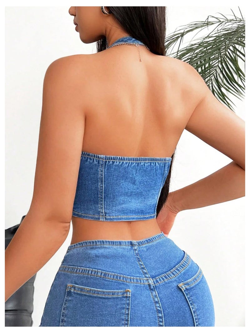 MakeMeChic Women's Denim Vest Top Halter Sleeveless Open Back Jean Crop Corset Tops Blue Medium - Image 2