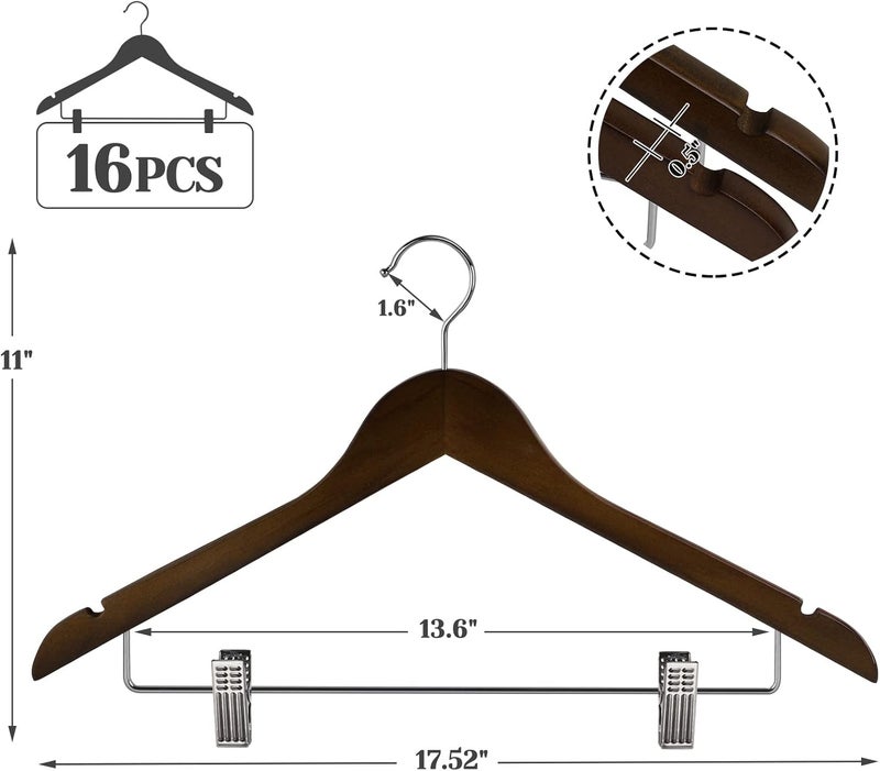 HOUISM HOUÍSM Wooden Clothes Hangers with Clips, 16Pack Wood Skirt Hangers with Clips, High-Grade Selected Walnut Wood Hangers with Sturdy Metal Clips for Pants, Suit, Heavy Winter Coat, Jacket, Formal Dress - Image 2