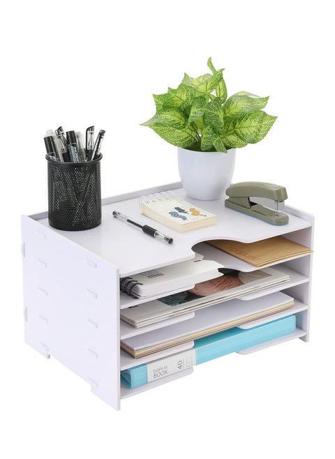 Desktop Paper Organizer Tray 4 Tier,Desk File Paper Sorter Tray Wooden Document Mail Letter Storage Tray White File Tray Rack for Office School Home Magazine Scrapbook Paper Folders