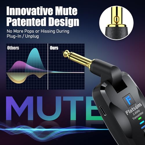 Flatsons FW2D Wireless Guitar System Exclusive Mute Plug, 2.4 GHz Wireless Guitar Transmitter Receiver, 10H Working Cordless Guitar Transmitter Rechargeable USB C for Acoustic Electric Guitar Bass Ukulele etc - Image 2