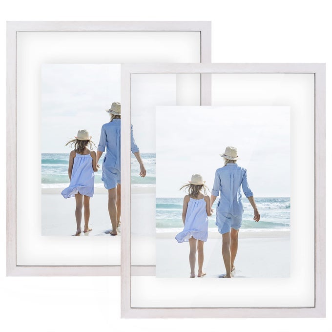 11X14 FLOATING PHOTO PICTURE FRAME FLOATING DISPLAY FOR PHOTOS 8X10 7X9 5X7OR FULL DISPLAY FOR 11X14 PHOTOS SOLID WOOD DOUBLE GLASS 2 PACK WHITE