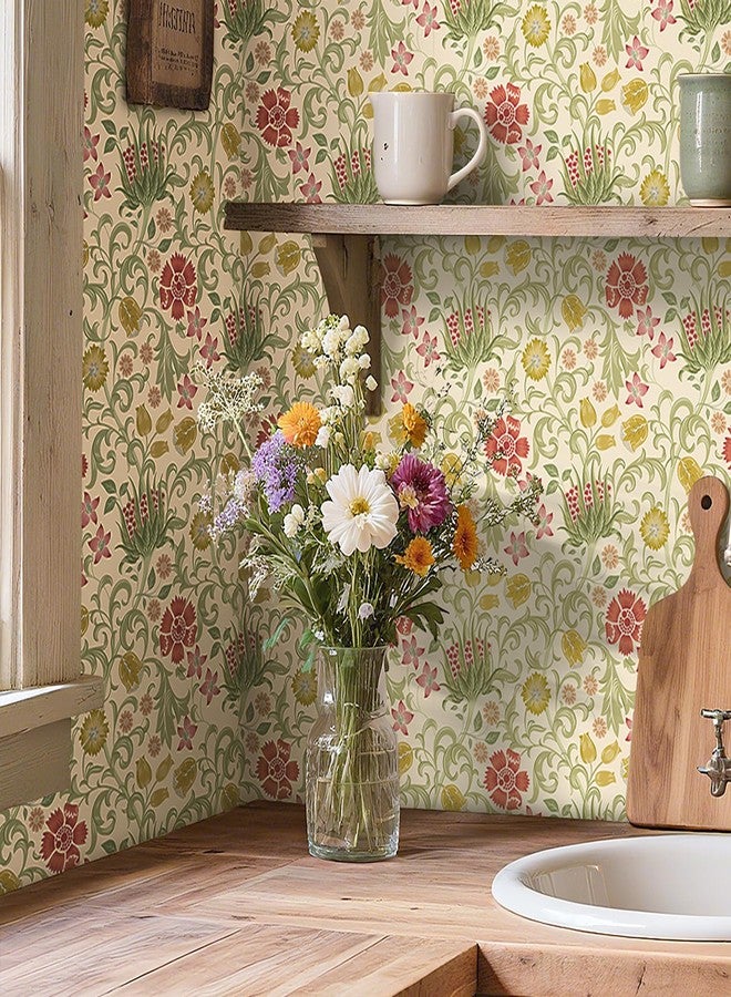 Livelynine William Morris Flower Wallpaper Stick and Peel Prepasted Acanthus Sage Pink Beige Vintage Green Floral Wallpaper Self Adhesive Vinyl Yellow William Morris Contact Paper Removable 17.5x78.8 - Image 5