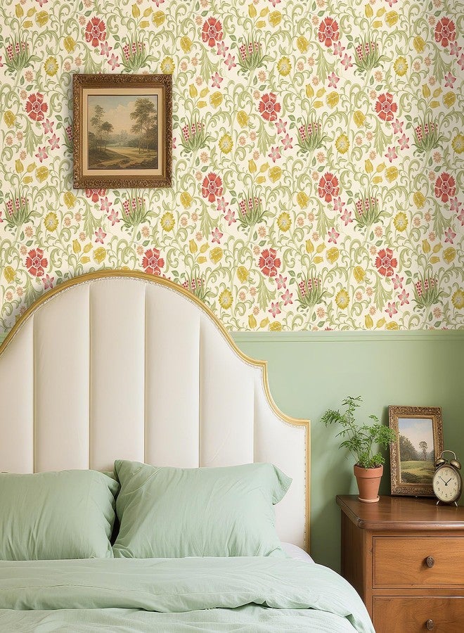 Livelynine William Morris Flower Wallpaper Stick and Peel Prepasted Acanthus Sage Pink Beige Vintage Green Floral Wallpaper Self Adhesive Vinyl Yellow William Morris Contact Paper Removable 17.5x78.8 - Image 4