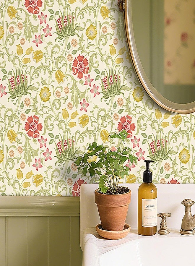 Livelynine William Morris Flower Wallpaper Stick and Peel Prepasted Acanthus Sage Pink Beige Vintage Green Floral Wallpaper Self Adhesive Vinyl Yellow William Morris Contact Paper Removable 17.5x78.8 - Image 3