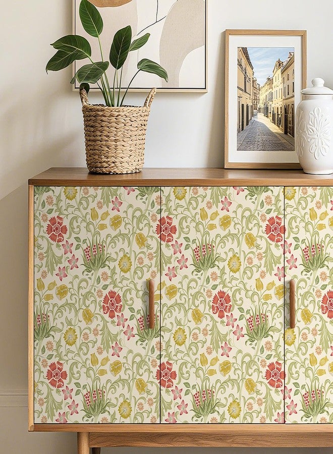 Livelynine William Morris Flower Wallpaper Stick and Peel Prepasted Acanthus Sage Pink Beige Vintage Green Floral Wallpaper Self Adhesive Vinyl Yellow William Morris Contact Paper Removable 17.5x78.8 - Image 2