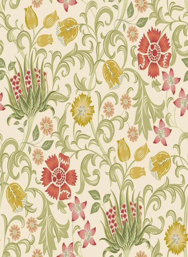 Livelynine William Morris Flower Wallpaper Stick and Peel Prepasted Acanthus Sage Pink Beige Vintage Green Floral Wallpaper Self Adhesive Vinyl Yellow William Morris Contact Paper Removable 17.5x78.8 - Image 1