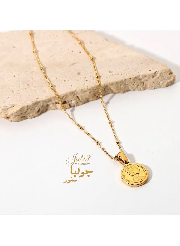 Julia Store Vintage Simple Stainless Steel Jewelry 18K Gold Bead Chain Queen Elizabeth Disc Coin Pendant Necklace Gift For Girlds Women By Julia Store - Image 1