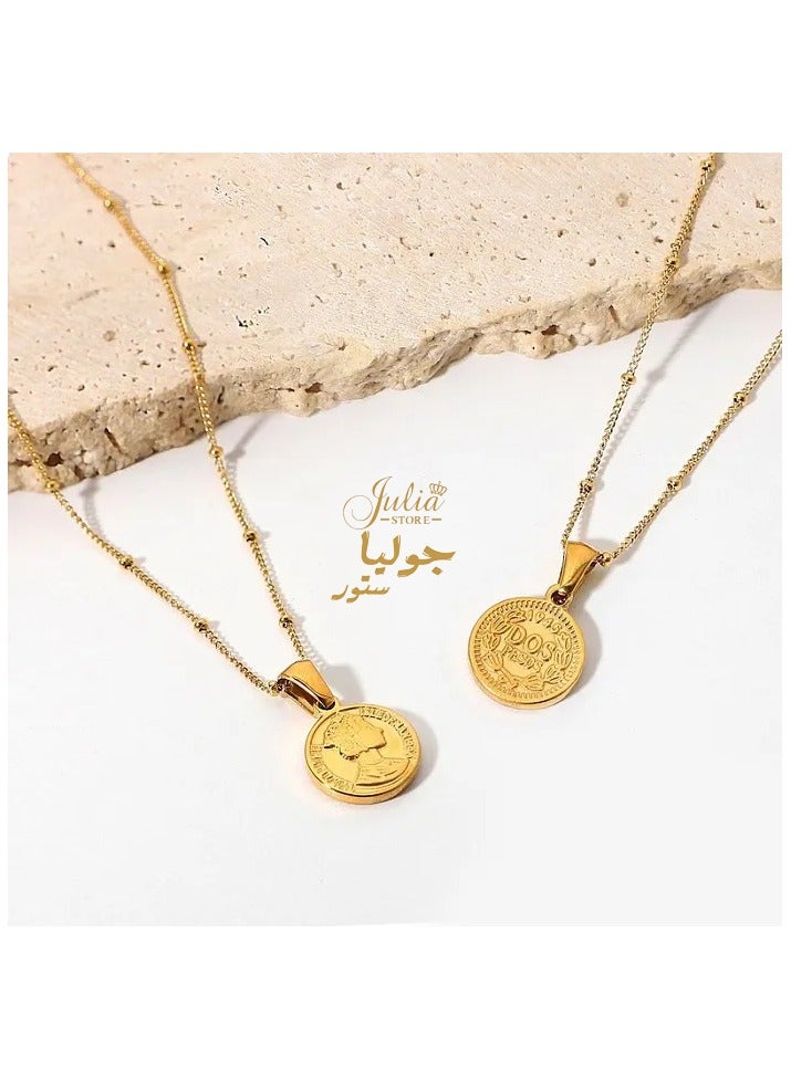 Julia Store Vintage Simple Stainless Steel Jewelry 18K Gold Bead Chain Queen Elizabeth Disc Coin Pendant Necklace Gift For Girlds Women By Julia Store - Image 2