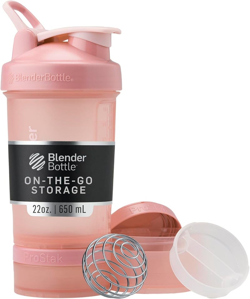 BlenderBottle Shaker Bottle with Pill Organizer and Storage for Protein Powder, ProStak System, 22-Ounce, Rose Pink - Image 1