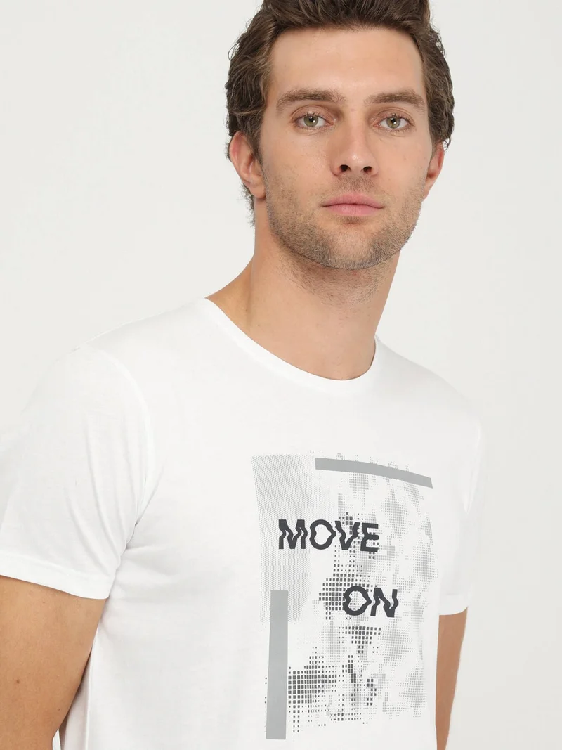 Kip White Printed Crew Neck 100% Cotton T-Shirt