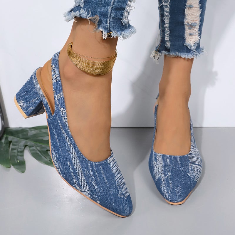 Denim Hare High Heels Pointed Shallow Mouth Single Shoes Stiletto Heel Baotou Plus Size Sandals For Women - Image 2