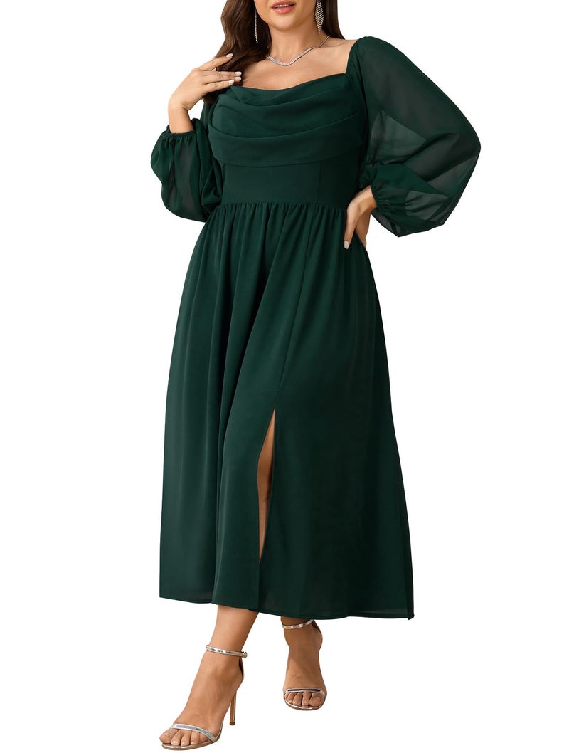 SHESTARR Women's Plus Size Dress Chiffon Long Sleeve Cowl Neck Wedding Guest Cocktail Party Maxi Dress Emerald Green - Image 1