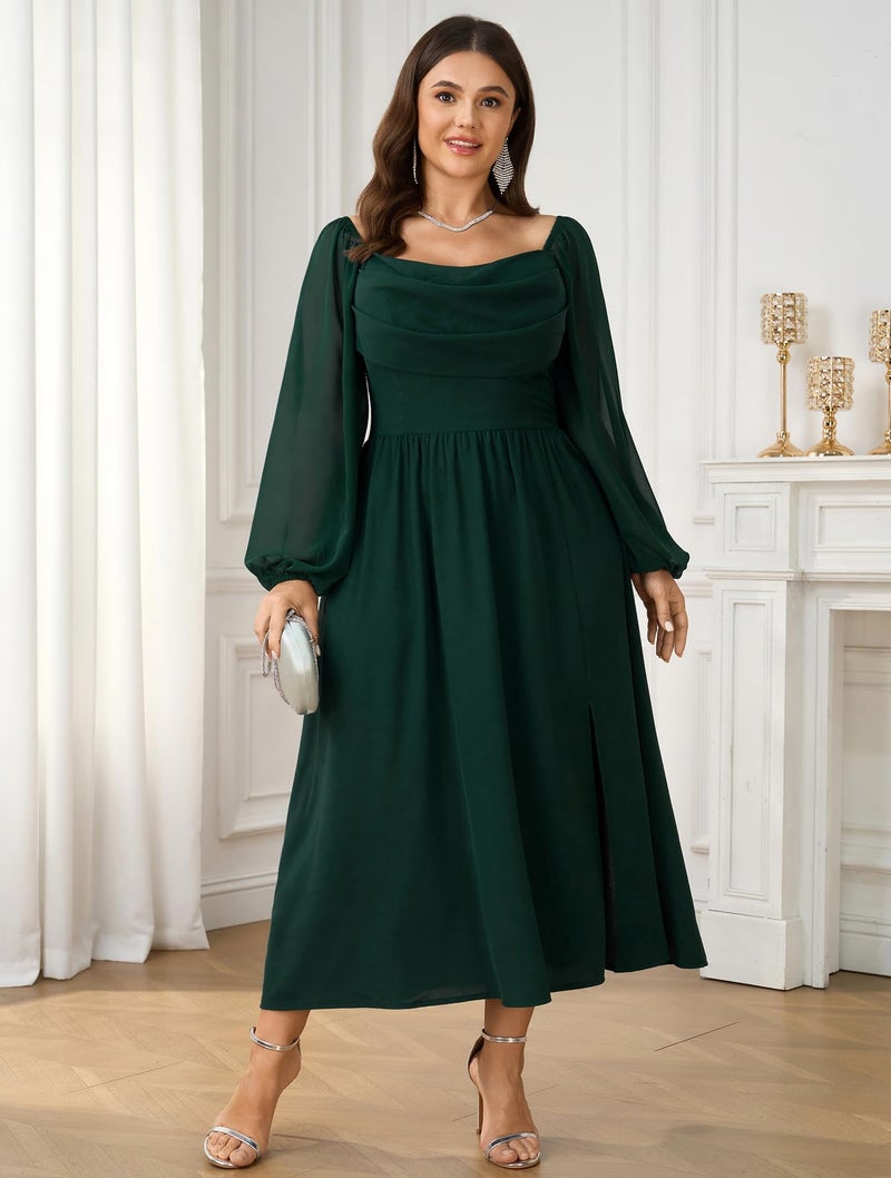 SHESTARR Women's Plus Size Dress Chiffon Long Sleeve Cowl Neck Wedding Guest Cocktail Party Maxi Dress Emerald Green - Image 5