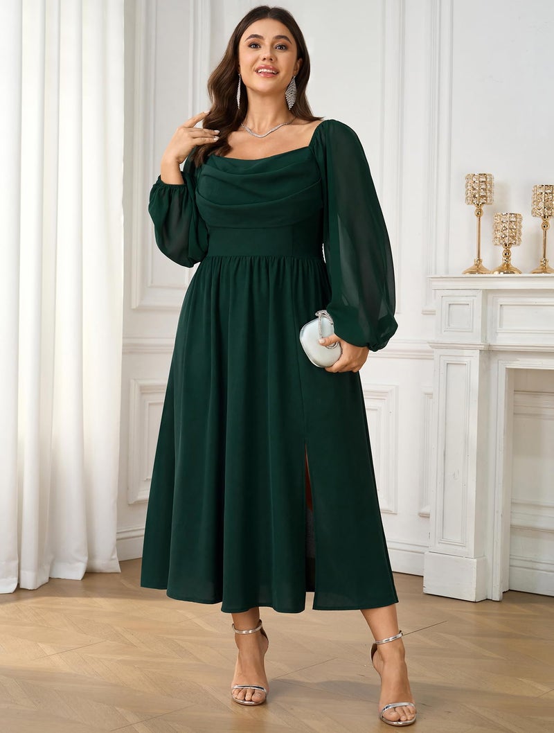 SHESTARR Women's Plus Size Dress Chiffon Long Sleeve Cowl Neck Wedding Guest Cocktail Party Maxi Dress Emerald Green - Image 2