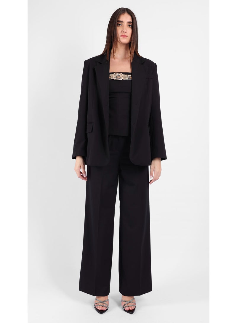 KYVELi Women’s Two-Piece Suit Set – Strapless Top with Snakeskin Trim & Wide-Leg Trousers – Black - Image 2