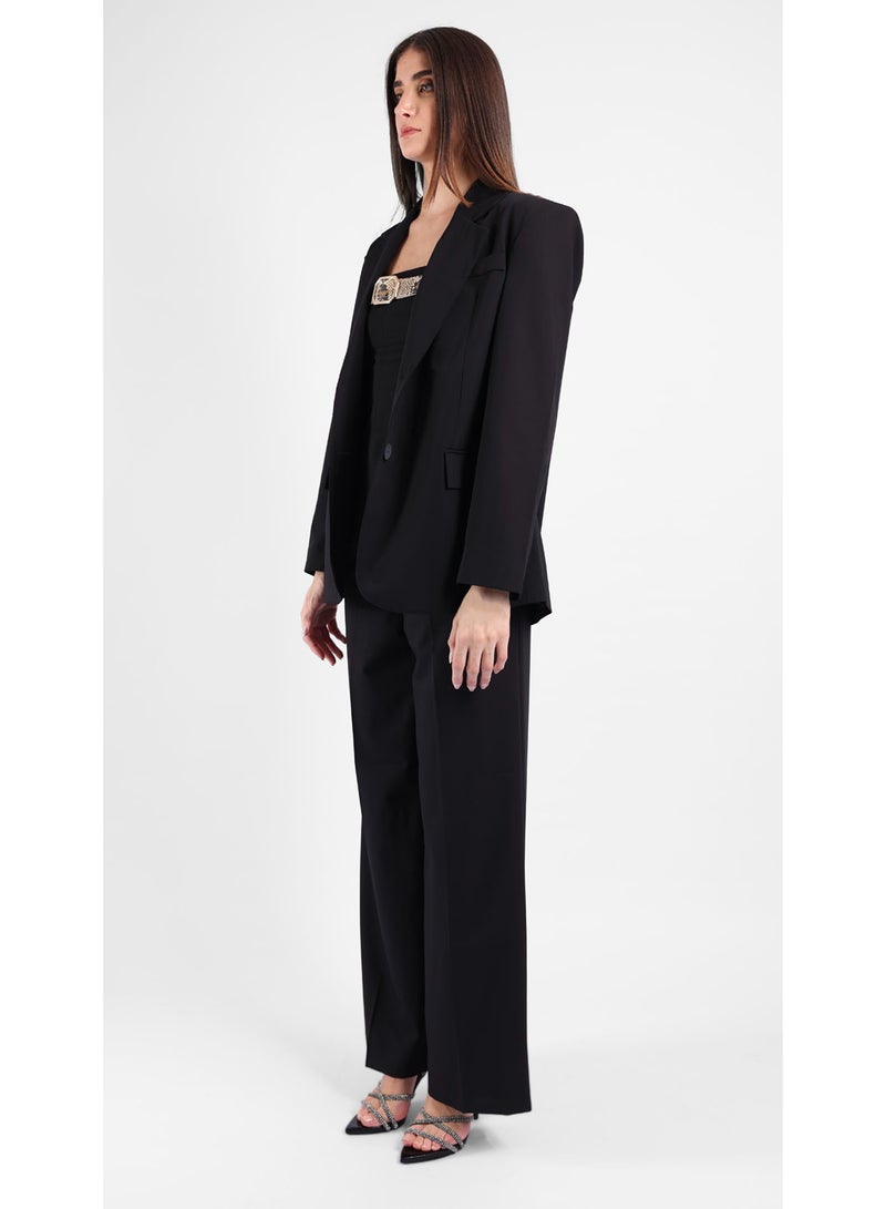 KYVELi Women’s Two-Piece Suit Set – Strapless Top with Snakeskin Trim & Wide-Leg Trousers – Black - Image 3