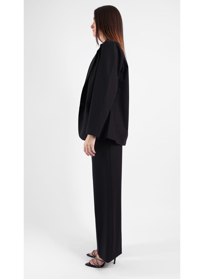 KYVELi Women’s Two-Piece Suit Set – Strapless Top with Snakeskin Trim & Wide-Leg Trousers – Black - Image 4