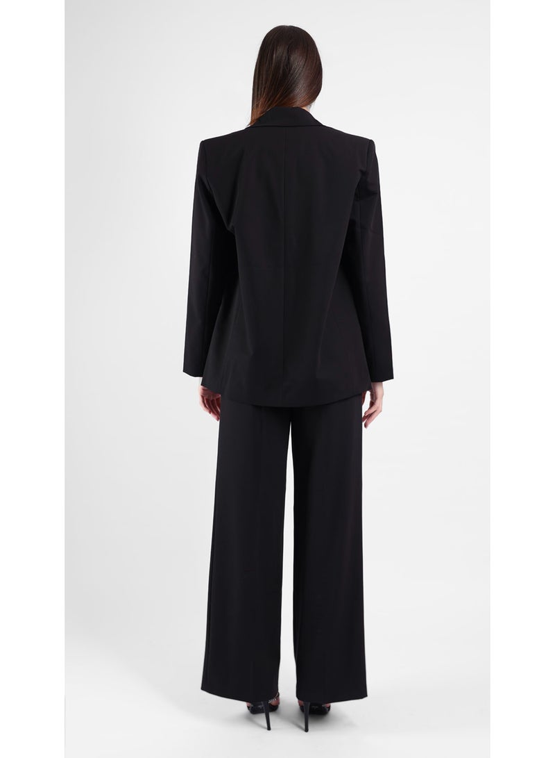 KYVELi Women’s Two-Piece Suit Set – Strapless Top with Snakeskin Trim & Wide-Leg Trousers – Black - Image 5