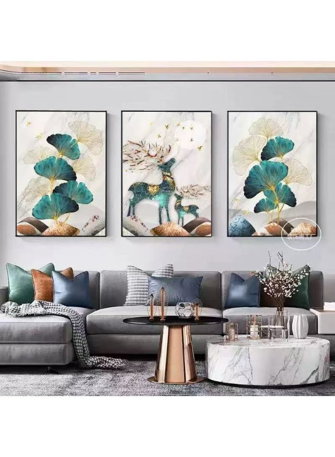 JOMILA Luxury Modern Wall Art Gold Framed Deer & Ginkgo Leaf Canvas Painting Animal Painting Living Room Porch Decor Crystal Porcelain Landscape Wall Art - Image 1