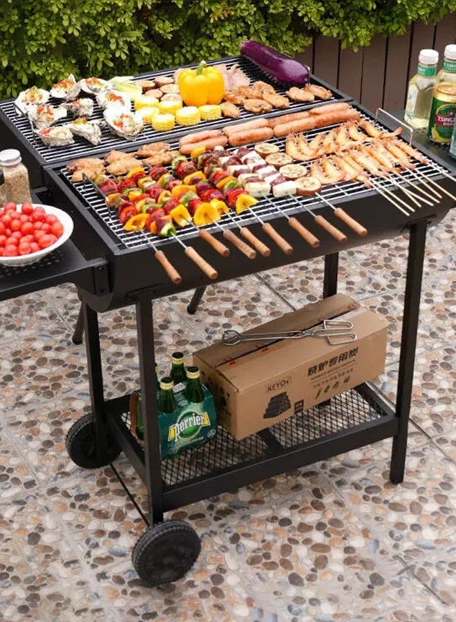 Large Double-sided Folding Barbecue Grill, Outdoor Cooking BBQ Grill with Charcoal Trays and Wheel Table - Image 1