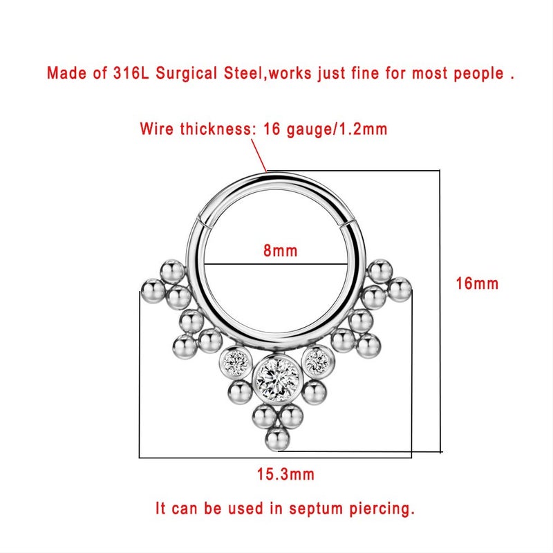 FANSING 16G 8mm Septum Rings for Women 16 Gauge Septum Hoop Hinged Surgical Steel Beaded Balls Piercing Jewelry for Daith & Helix - Image 2