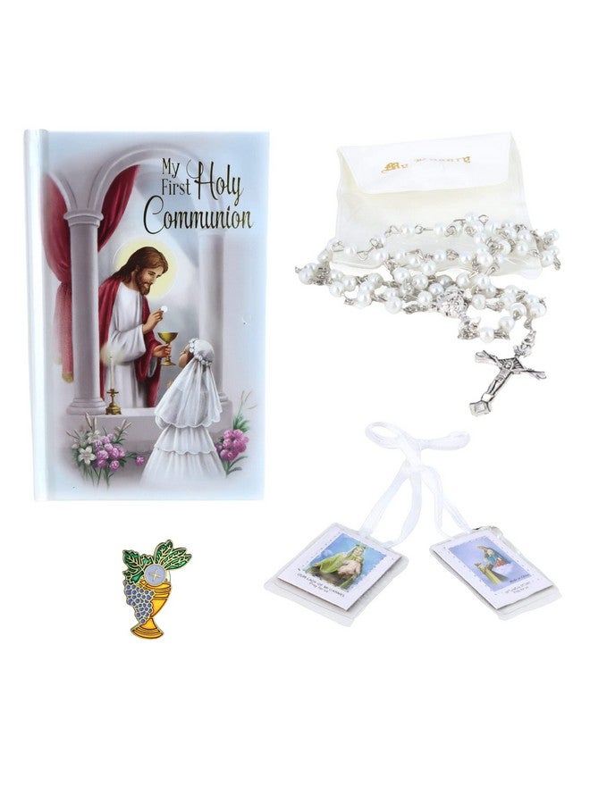 Needzo First Communion Set for Girls, White Rosary, Scapular, Lapel Pin, and Book Included, Catholic Keepsake Gifts - Image 1