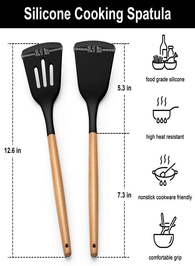 إي-فار ملعقة تقليب سيليكون من إي-فار، عبوة من قطعتين، ملاعق مطبخ مقاومة للحرارة لأواني الطهي غير اللاصقة، ملاعق مطاطية صلبة مشقوقة، أدوات طهي للأسماك والبيض والفطائر (أسود) - Image 2